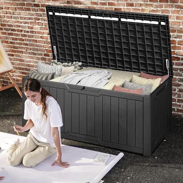 Alt view image 2 of 7 - DWVO 120 Gallon Large Deck Box, Outdoor Lockable Storage Bin for Gardening Tools, Patio Cushions, Waterproof and UV Resistant Resin (Black)