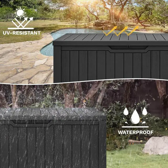 Alt view image 4 of 7 - DWVO 120 Gallon Large Deck Box, Outdoor Lockable Storage Bin for Gardening Tools, Patio Cushions, Waterproof and UV Resistant Resin (Black)