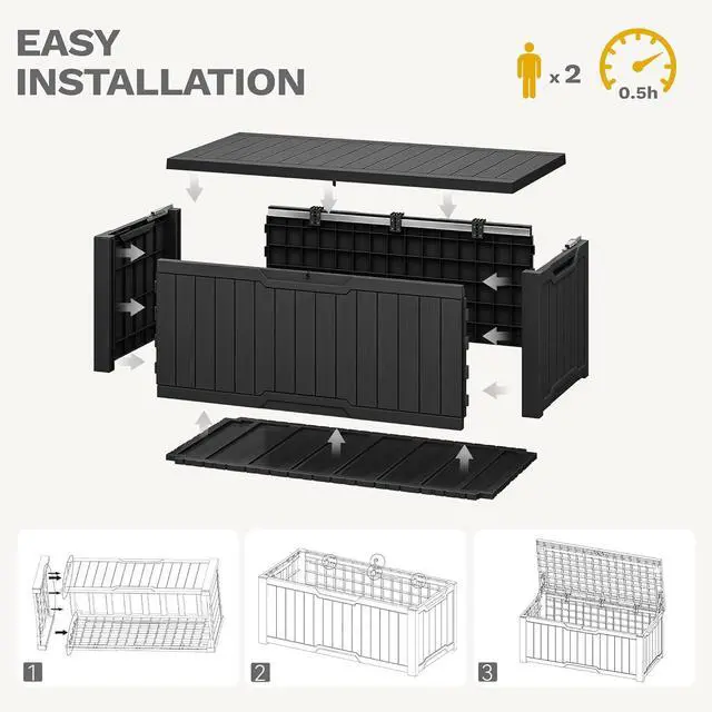 Alt view image 7 of 7 - DWVO 120 Gallon Large Deck Box, Outdoor Lockable Storage Bin for Gardening Tools, Patio Cushions, Waterproof and UV Resistant Resin (Black)