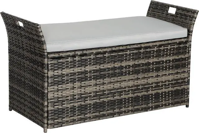 Main image of 90 Gallon Patio Storage Bench, Outdoor Wicker Deck Box with Cushion, PE Rattan Box with Handles (Grey)