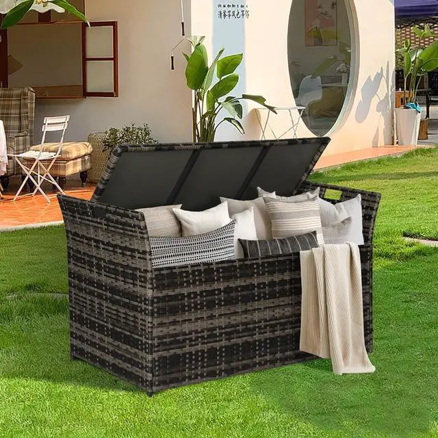Alt view image 2 of 7 - 90 Gallon Patio Storage Bench, Outdoor Wicker Deck Box with Cushion, PE Rattan Box with Handles (Grey)