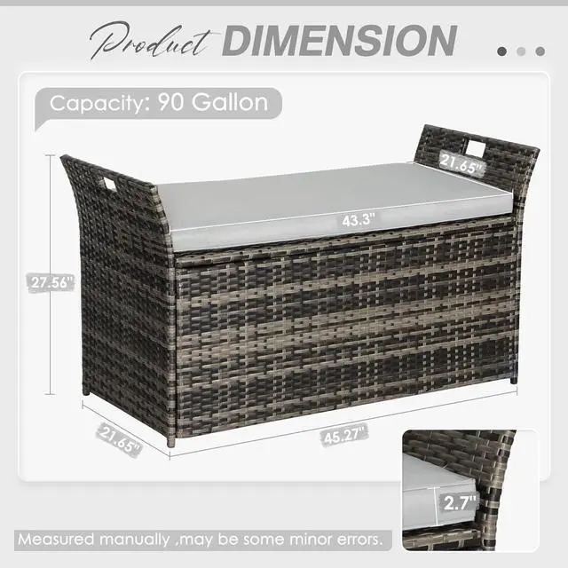 Alt view image 3 of 7 - 90 Gallon Patio Storage Bench, Outdoor Wicker Deck Box with Cushion, PE Rattan Box with Handles (Grey)