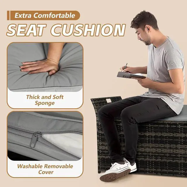 Alt view image 5 of 7 - 90 Gallon Patio Storage Bench, Outdoor Wicker Deck Box with Cushion, PE Rattan Box with Handles (Grey)