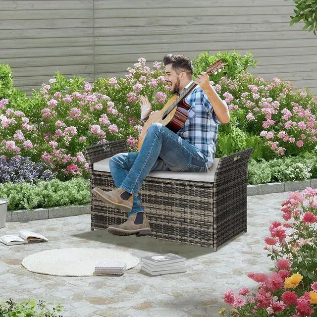 Alt view image 6 of 7 - 90 Gallon Patio Storage Bench, Outdoor Wicker Deck Box with Cushion, PE Rattan Box with Handles (Grey)