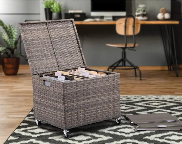 Alt view image 2 of 7 - BIRDROCK HOME Rolling File Box - Storage Cabinet with Wheels - Weatherproof Rattan-Style Resin Deck Chest for Garden, Home and Office - Organize Cushions, Toys, and Accessories - Storage Box - Tan