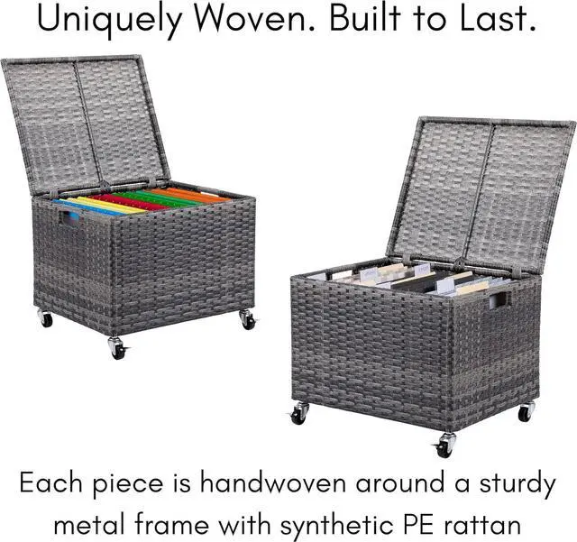 Alt view image 3 of 7 - BIRDROCK HOME Rolling File Box - Storage Cabinet with Wheels - Weatherproof Rattan-Style Resin Deck Chest for Garden, Home and Office - Organize Cushions, Toys, and Accessories - Storage Box - Tan