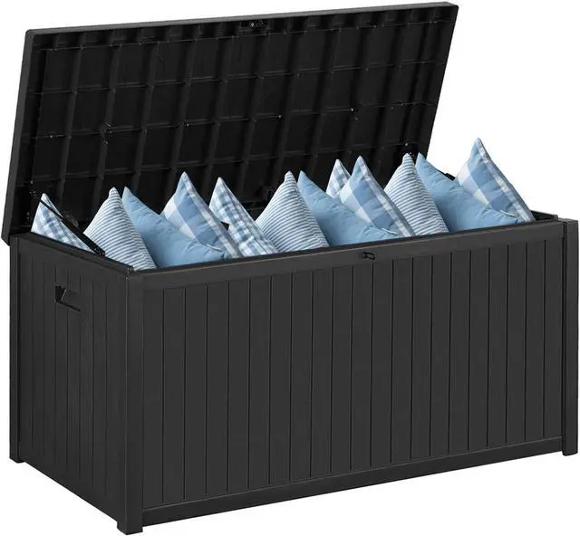 Main image of Resin Deck Box, 120 Gallon Large Outdoor Indoor Patio Storage Box Waterproof, Outside Storage Bin for Patio Furniture Covers, Cushion Pillows, Towels, Garden Tools, Black