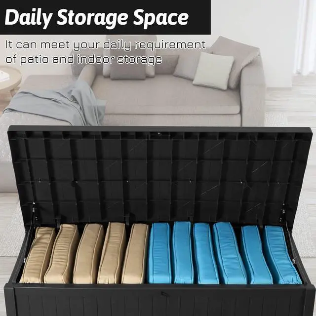 Alt view image 3 of 7 - Resin Deck Box, 120 Gallon Large Outdoor Indoor Patio Storage Box Waterproof, Outside Storage Bin for Patio Furniture Covers, Cushion Pillows, Towels, Garden Tools, Black