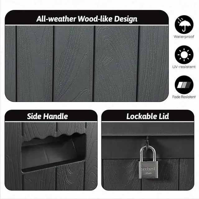 Alt view image 5 of 7 - Resin Deck Box, 120 Gallon Large Outdoor Indoor Patio Storage Box Waterproof, Outside Storage Bin for Patio Furniture Covers, Cushion Pillows, Towels, Garden Tools, Black