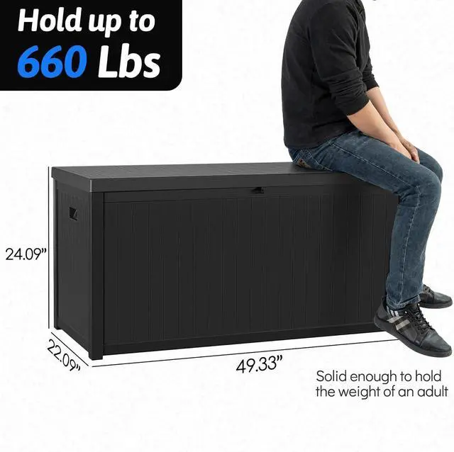 Alt view image 4 of 7 - Resin Deck Box, 120 Gallon Large Outdoor Indoor Patio Storage Box Waterproof, Outside Storage Bin for Patio Furniture Covers, Cushion Pillows, Towels, Garden Tools, Black