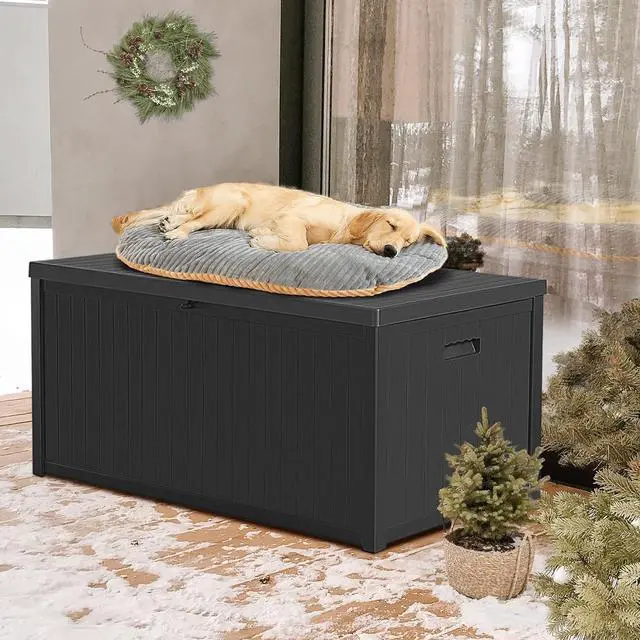Alt view image 6 of 7 - Resin Deck Box, 120 Gallon Large Outdoor Indoor Patio Storage Box Waterproof, Outside Storage Bin for Patio Furniture Covers, Cushion Pillows, Towels, Garden Tools, Black