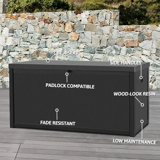 Alt view image 7 of 7 - Resin Deck Box, 120 Gallon Large Outdoor Indoor Patio Storage Box Waterproof, Outside Storage Bin for Patio Furniture Covers, Cushion Pillows, Towels, Garden Tools, Black
