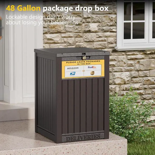 Alt view image 3 of 7 - Package Delivery Box for Porch with Sign,48 Gallon Outdoor Storage with Lockable Secure, Large Double Wall Resin Outdoor Package Delivery and Waterproof