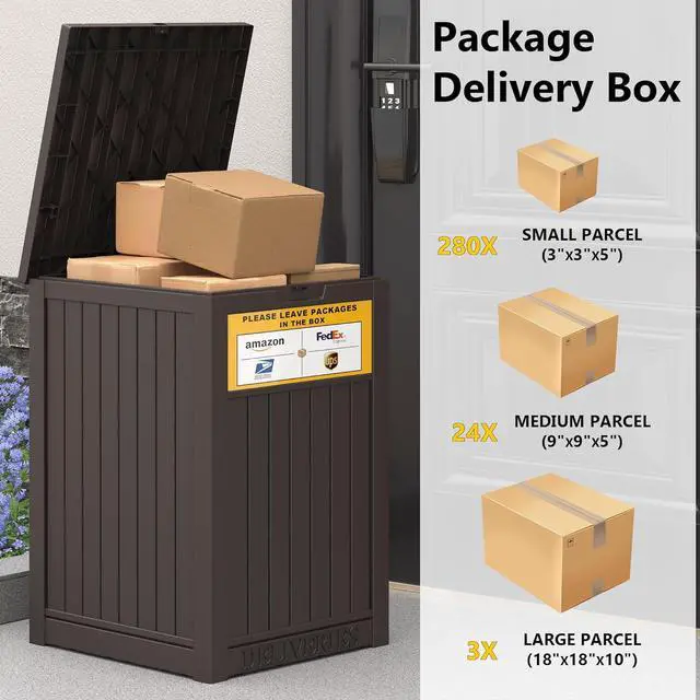 Alt view image 5 of 7 - Package Delivery Box for Porch with Sign,48 Gallon Outdoor Storage with Lockable Secure, Large Double Wall Resin Outdoor Package Delivery and Waterproof