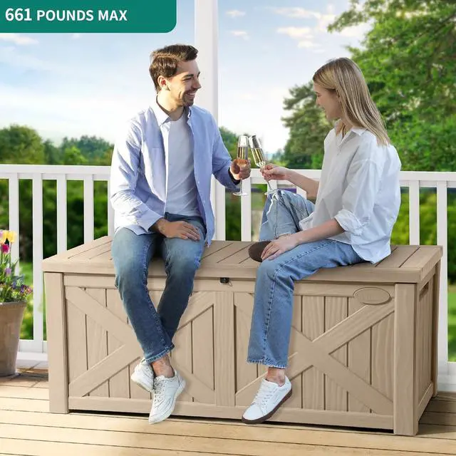 Alt view image 2 of 7 - YITAHOME 120 Gallon Large Deck Box, Upgraded Resin Outdoor Storage Boxes w/Flexible Divider, Waterproof Cushion Storage Bench for Patio Furniture, Pool Supplies, Garden Tools - Lockable, Taupe