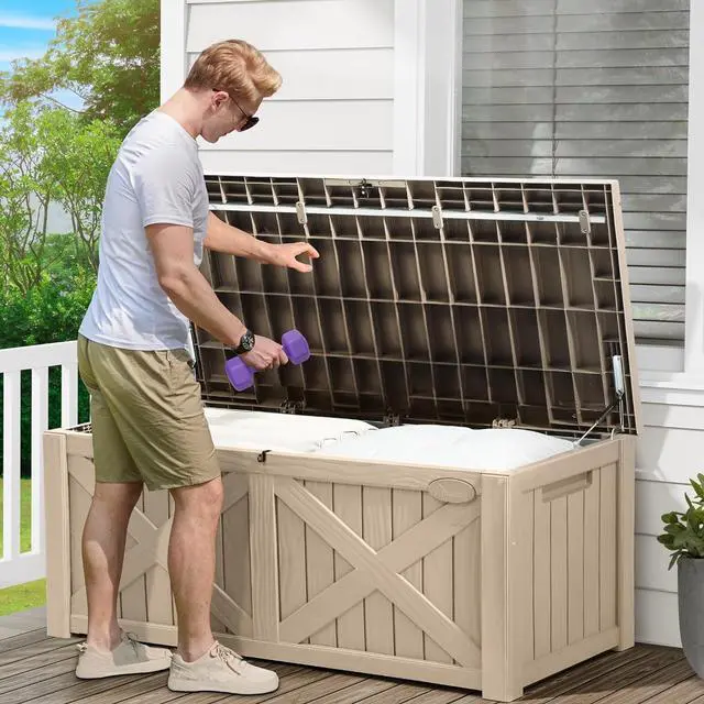 Alt view image 3 of 7 - YITAHOME 120 Gallon Large Deck Box, Upgraded Resin Outdoor Storage Boxes w/Flexible Divider, Waterproof Cushion Storage Bench for Patio Furniture, Pool Supplies, Garden Tools - Lockable, Taupe