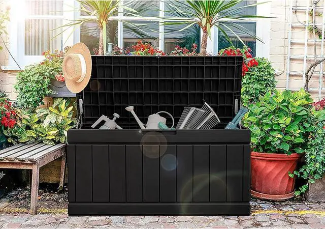 Alt view image 2 of 7 - GUNJI 83 Gallon Storage Box Outdoor Waterproof Large Resin Deck Box Patio Storage Bench Lockable Storage Container for Outdoor Cushions, Garden Tools and Pool Supplies (Black)