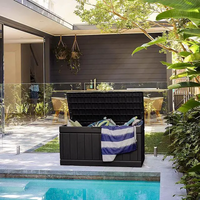 Alt view image 5 of 7 - GUNJI 83 Gallon Storage Box Outdoor Waterproof Large Resin Deck Box Patio Storage Bench Lockable Storage Container for Outdoor Cushions, Garden Tools and Pool Supplies (Black)