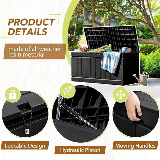 Alt view image 3 of 7 - GUNJI 83 Gallon Storage Box Outdoor Waterproof Large Resin Deck Box Patio Storage Bench Lockable Storage Container for Outdoor Cushions, Garden Tools and Pool Supplies (Black)