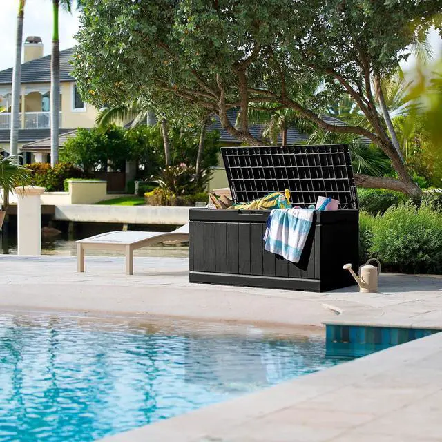 Alt view image 7 of 7 - GUNJI 83 Gallon Storage Box Outdoor Waterproof Large Resin Deck Box Patio Storage Bench Lockable Storage Container for Outdoor Cushions, Garden Tools and Pool Supplies (Black)