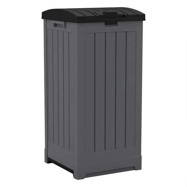Main image of Suncast Trash Hideaway 39 Gallon Outdoor Trash Can Patio or Deck Waste Bin with Latching Lid, Liquid Tray, Handles, and Trash Bag Holder, Peppercorn