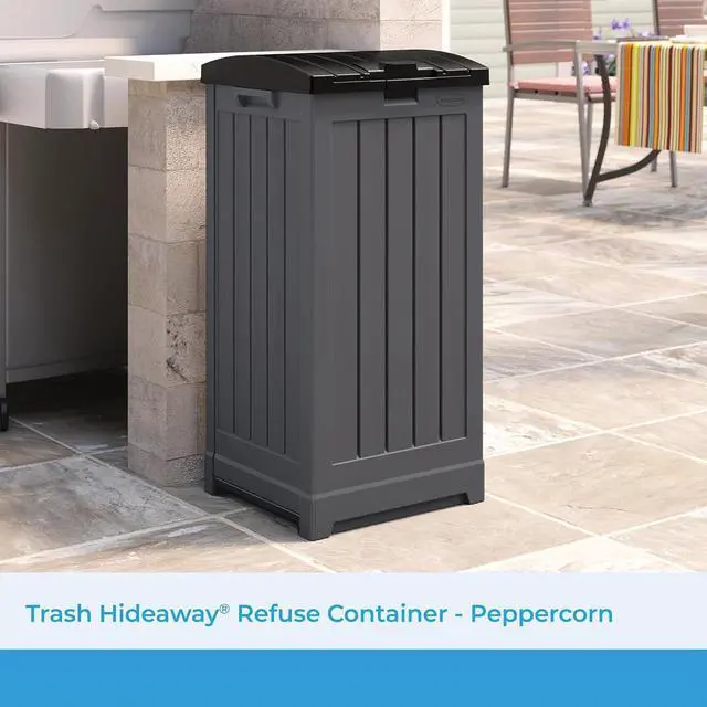 Alt view image 2 of 7 - Suncast Trash Hideaway 39 Gallon Outdoor Trash Can Patio or Deck Waste Bin with Latching Lid, Liquid Tray, Handles, and Trash Bag Holder, Peppercorn
