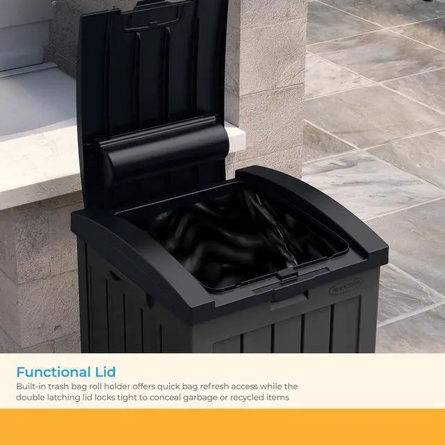 Alt view image 5 of 7 - Suncast Trash Hideaway 39 Gallon Outdoor Trash Can Patio or Deck Waste Bin with Latching Lid, Liquid Tray, Handles, and Trash Bag Holder, Peppercorn