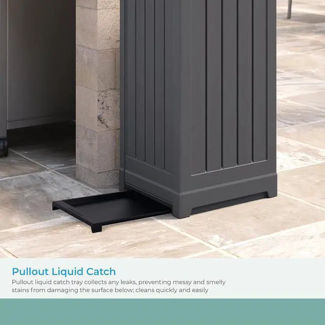 Alt view image 6 of 7 - Suncast Trash Hideaway 39 Gallon Outdoor Trash Can Patio or Deck Waste Bin with Latching Lid, Liquid Tray, Handles, and Trash Bag Holder, Peppercorn
