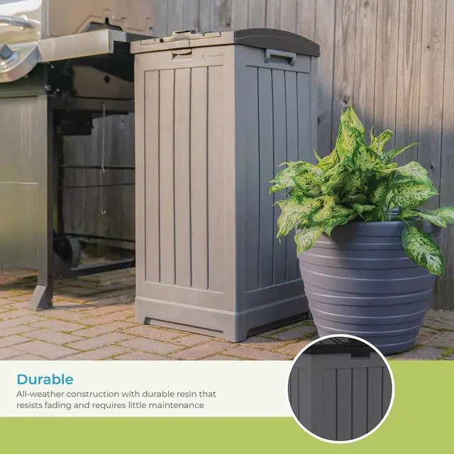 Alt view image 4 of 7 - Suncast Trash Hideaway 39 Gallon Outdoor Trash Can Patio or Deck Waste Bin with Latching Lid, Liquid Tray, Handles, and Trash Bag Holder, Peppercorn