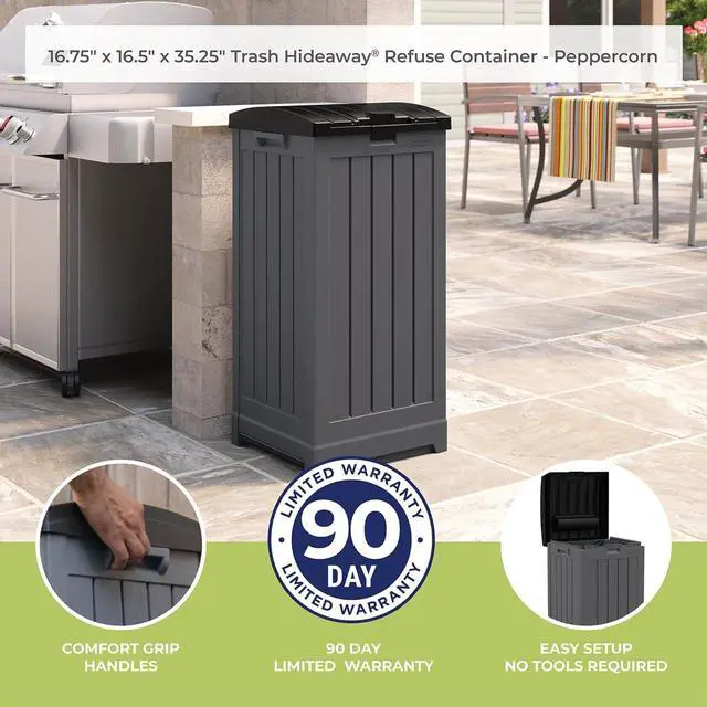 Alt view image 7 of 7 - Suncast Trash Hideaway 39 Gallon Outdoor Trash Can Patio or Deck Waste Bin with Latching Lid, Liquid Tray, Handles, and Trash Bag Holder, Peppercorn