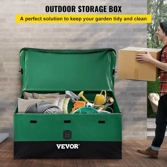 Alt view image 2 of 7 - VEVOR Outdoor Storage Box, 100 Gallon Waterproof PE Tarpaulin Deck Box w/Galvanized Frame, All-Weather Protection & Portable, for Camping, Garden, Poolside, and Yard, Black & Green