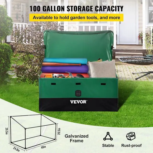 Alt view image 4 of 7 - VEVOR Outdoor Storage Box, 100 Gallon Waterproof PE Tarpaulin Deck Box w/Galvanized Frame, All-Weather Protection & Portable, for Camping, Garden, Poolside, and Yard, Black & Green