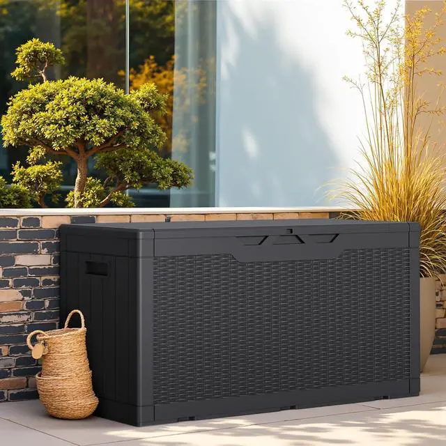 Alt view image 3 of 7 - Greesum 100 Gallon Resin Deck Box Lockable Large Outdoor Storage Boxes for Garden Tools, Patio Furniture Cushions, Pool Supplies, Black