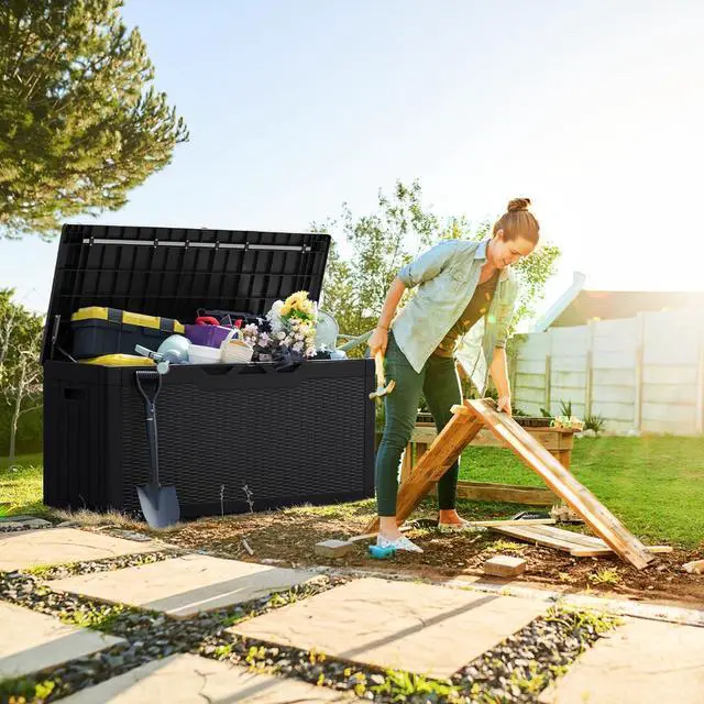Alt view image 2 of 7 - Greesum 100 Gallon Resin Deck Box Lockable Large Outdoor Storage Boxes for Garden Tools, Patio Furniture Cushions, Pool Supplies, Black