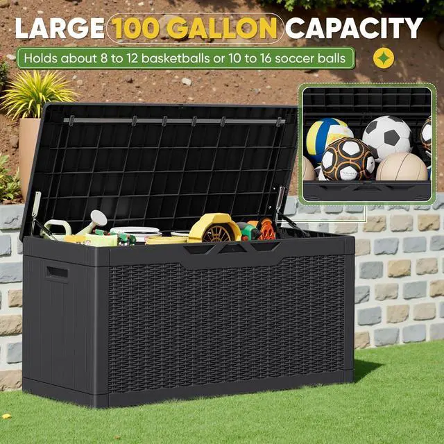 Alt view image 4 of 7 - Greesum 100 Gallon Resin Deck Box Lockable Large Outdoor Storage Boxes for Garden Tools, Patio Furniture Cushions, Pool Supplies, Black