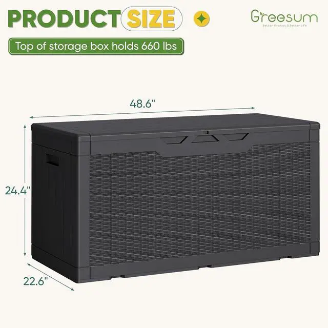 Alt view image 7 of 7 - Greesum 100 Gallon Resin Deck Box Lockable Large Outdoor Storage Boxes for Garden Tools, Patio Furniture Cushions, Pool Supplies, Black