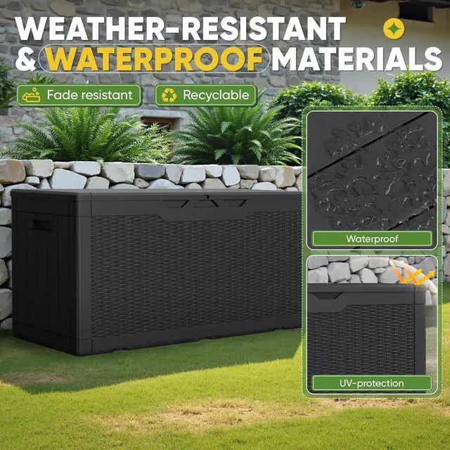 Alt view image 5 of 7 - Greesum 100 Gallon Resin Deck Box Lockable Large Outdoor Storage Boxes for Garden Tools, Patio Furniture Cushions, Pool Supplies, Black