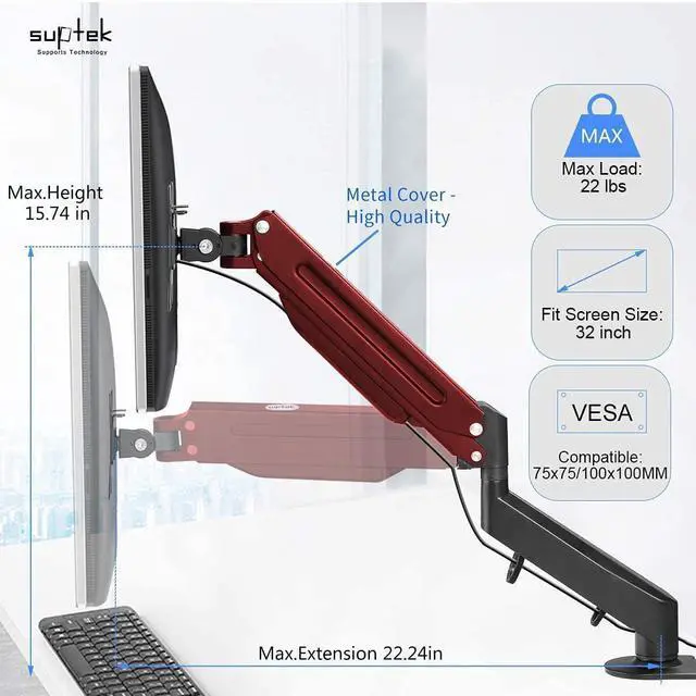 Alt view image 2 of 7 - Suptek Monitor Mount Gas Spring Monitor Arm Desk Mount Fully Adjustable Fits 17 20 22 23 24 26 32 inch Monitors Weight Capacity up to 22 lbs