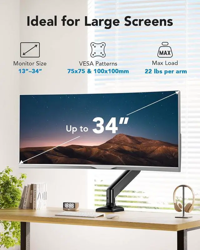 Alt view image 2 of 7 - HUANUO Single Monitor Arm 13-34 Inch, Adjustable Gas Spring Arm, Monitor Desk Mount for 4.4-22lbs, VESA 75/100mm with C-Clamp/Grommet Base, Ergonomic Stand for Work/Gaming