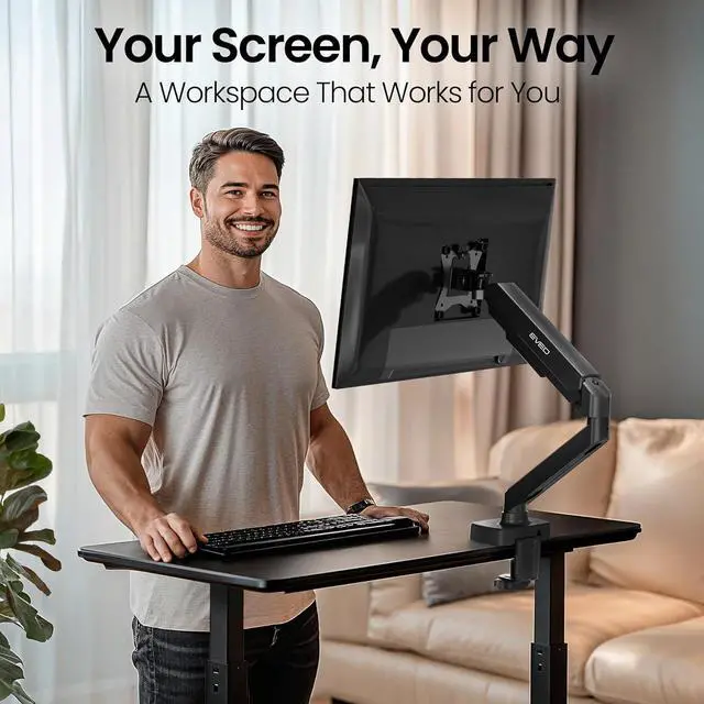 Alt view image 2 of 7 - EVEO Premium Single Monitor Arm 14"34", Adjustable Gas Spring Monitor Mount, Single Arm Desk Mount for 34 Inch Computer Screens, VESA Compatible Stand with Clamp and Grommet Base  Black