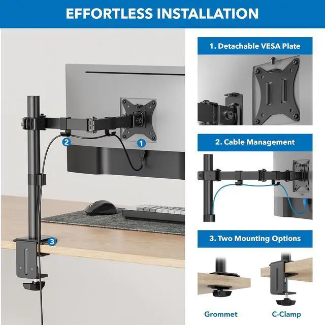 Alt view image 6 of 7 - Mount-It! Single Monitor Arm Mount | Desk Stand | Full Motion Height Adjustable Articulating Tilt | Fits 19 21 24 27 29 30 32 Inch VESA 75 100 Compatible Computer Screen | C-Clamp and Grommet Base