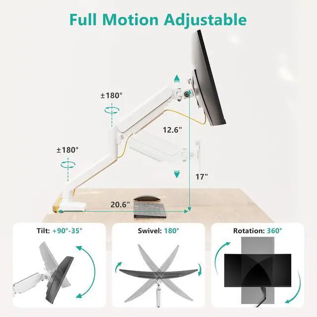 Alt view image 3 of 7 - WALI Single Monitor Arm Mount Stand, Adjustable Gas Spring Arm Monitor Mount for Display up to 32 Inch,19.8lbs Capacity (GSMP001W), White