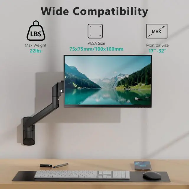 Alt view image 2 of 7 - WALI Single Monitor Wall Mount, Gas Spring Monitor Arm for 1 Screen up to 32 inch, 22 lbs. Fully Adjustable Arm Max Extension 19.3 inch (GSWM001), Black