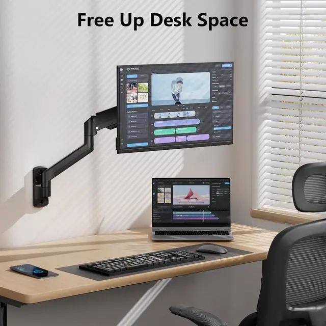 Alt view image 3 of 7 - WALI Single Monitor Wall Mount, Gas Spring Monitor Arm for 1 Screen up to 32 inch, 22 lbs. Fully Adjustable Arm Max Extension 19.3 inch (GSWM001), Black