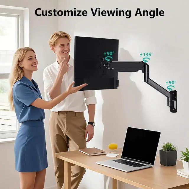 Alt view image 5 of 7 - WALI Single Monitor Wall Mount, Gas Spring Monitor Arm for 1 Screen up to 32 inch, 22 lbs. Fully Adjustable Arm Max Extension 19.3 inch (GSWM001), Black