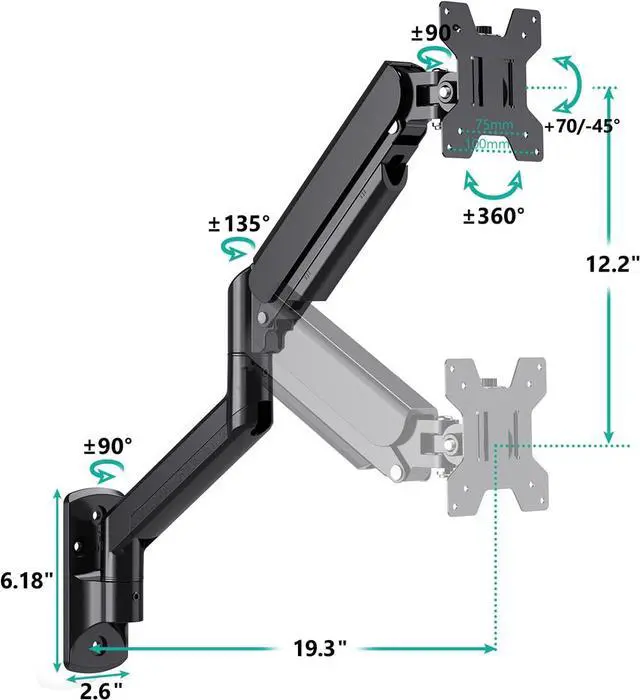 Alt view image 7 of 7 - WALI Single Monitor Wall Mount, Gas Spring Monitor Arm for 1 Screen up to 32 inch, 22 lbs. Fully Adjustable Arm Max Extension 19.3 inch (GSWM001), Black