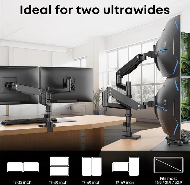 Alt view image 2 of 7 - PUTORSEN 17-49 inch Premium Aluminum Heavy Duty Dual Monitor Arm for Ultrawide Screens up to 44lbs, Vertical Stacked Dual Monitor Desk Mount, Full Motion Dual Vertical Monitor Mount, VESA 75/100,Black