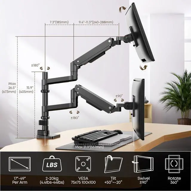 Alt view image 4 of 7 - PUTORSEN 17-49 inch Premium Aluminum Heavy Duty Dual Monitor Arm for Ultrawide Screens up to 44lbs, Vertical Stacked Dual Monitor Desk Mount, Full Motion Dual Vertical Monitor Mount, VESA 75/100,Black