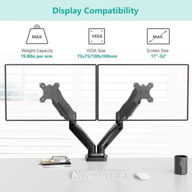 Alt view image 3 of 7 - WALI Dual Monitor Mount, Monitor Arms for 2 Monitors Fully Adjustable Gas Spring Desk Mount Swivel Mounting Holes Bracket with C Clamp, Grommet Base for Display Up to 32 Inch 19.8lbs (GSMP002), Black
