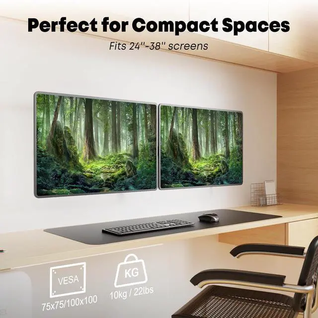 Alt view image 2 of 7 - Dual Monitor Wall Mount for 24-38-inch - Ultrawide Dual Wall Mount Monitor Arm, Flush Wall Setup, Max Load 22lbs per Monitor, VESA 75x75/100x100mm, Black